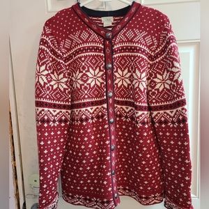 L.L. Bean Women Cardigan Sweater Large Reg Nordic Fair Isle Red Multicolor